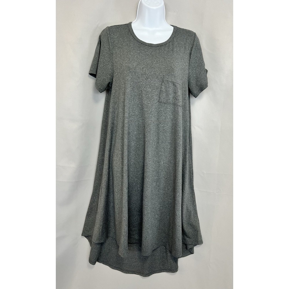 LuLaRoe Medium Carly Swing Dress High-Lo Hem - Solid Grey with Chest Pocket Y2K